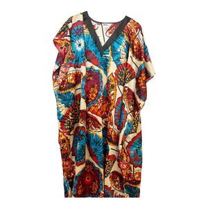 Winlar One Size Multicolor V-Neck Boho Satin House Dress Muu Muu Kaftan Fans